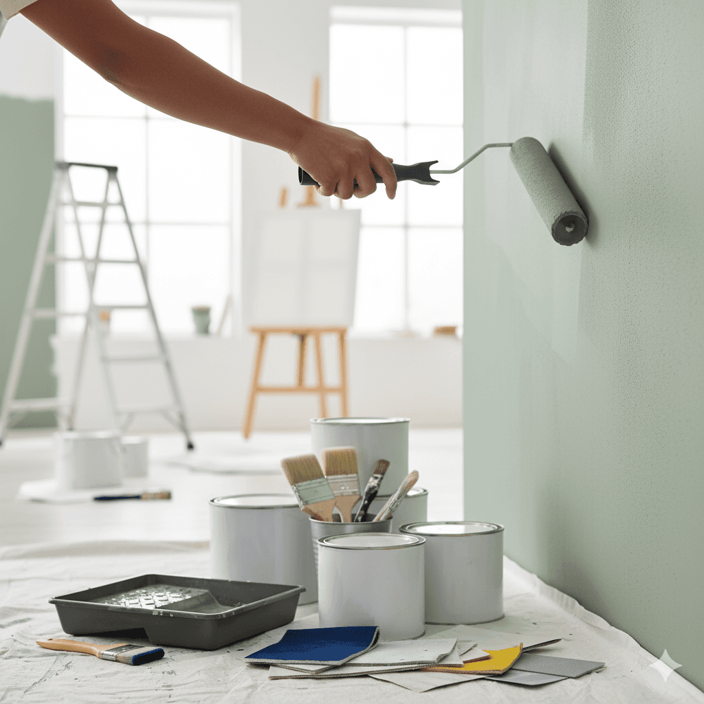 A beautifully painted modern living room wall and decorative tin of paint