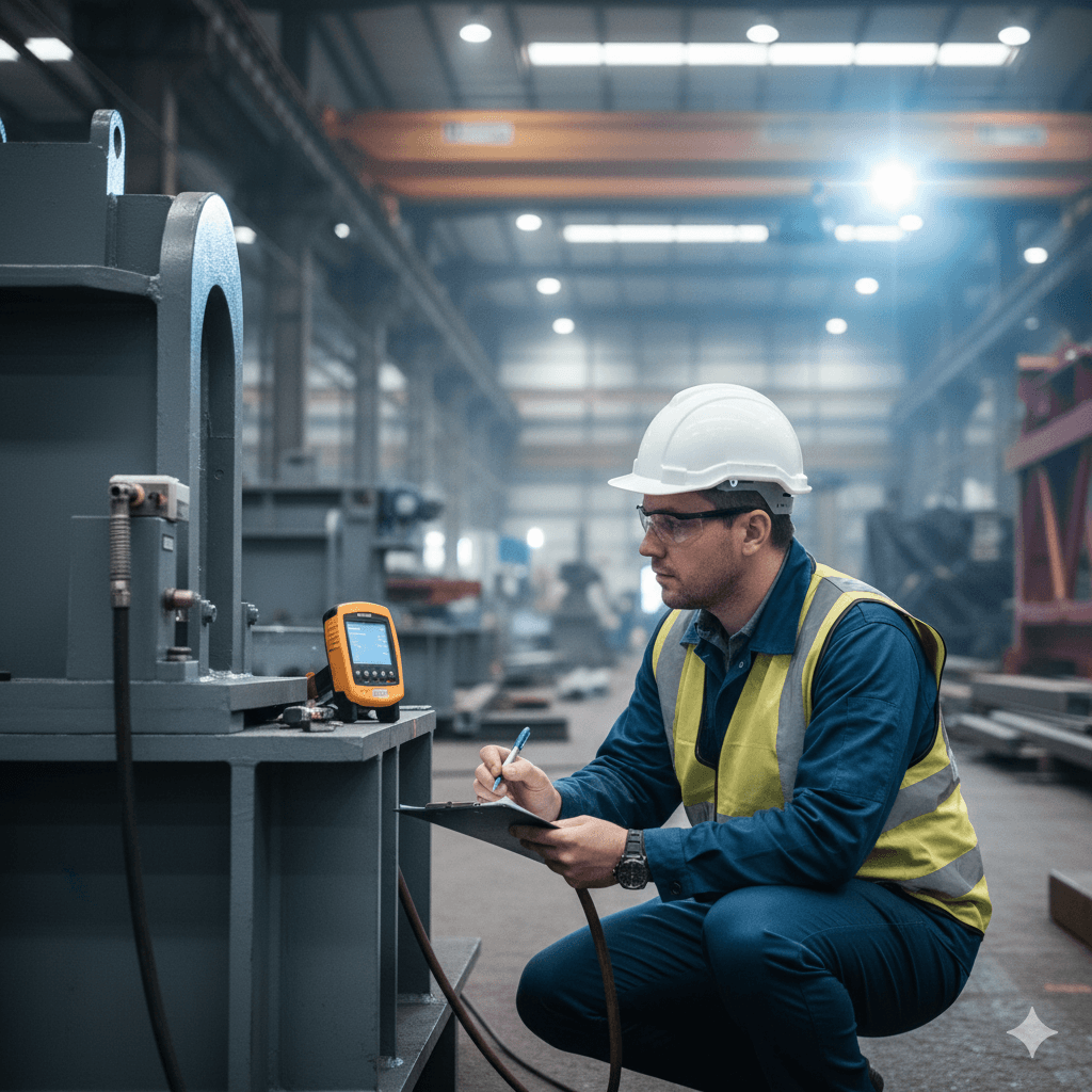 Coating engineer in a hardhat performing an inspection on an industrial site