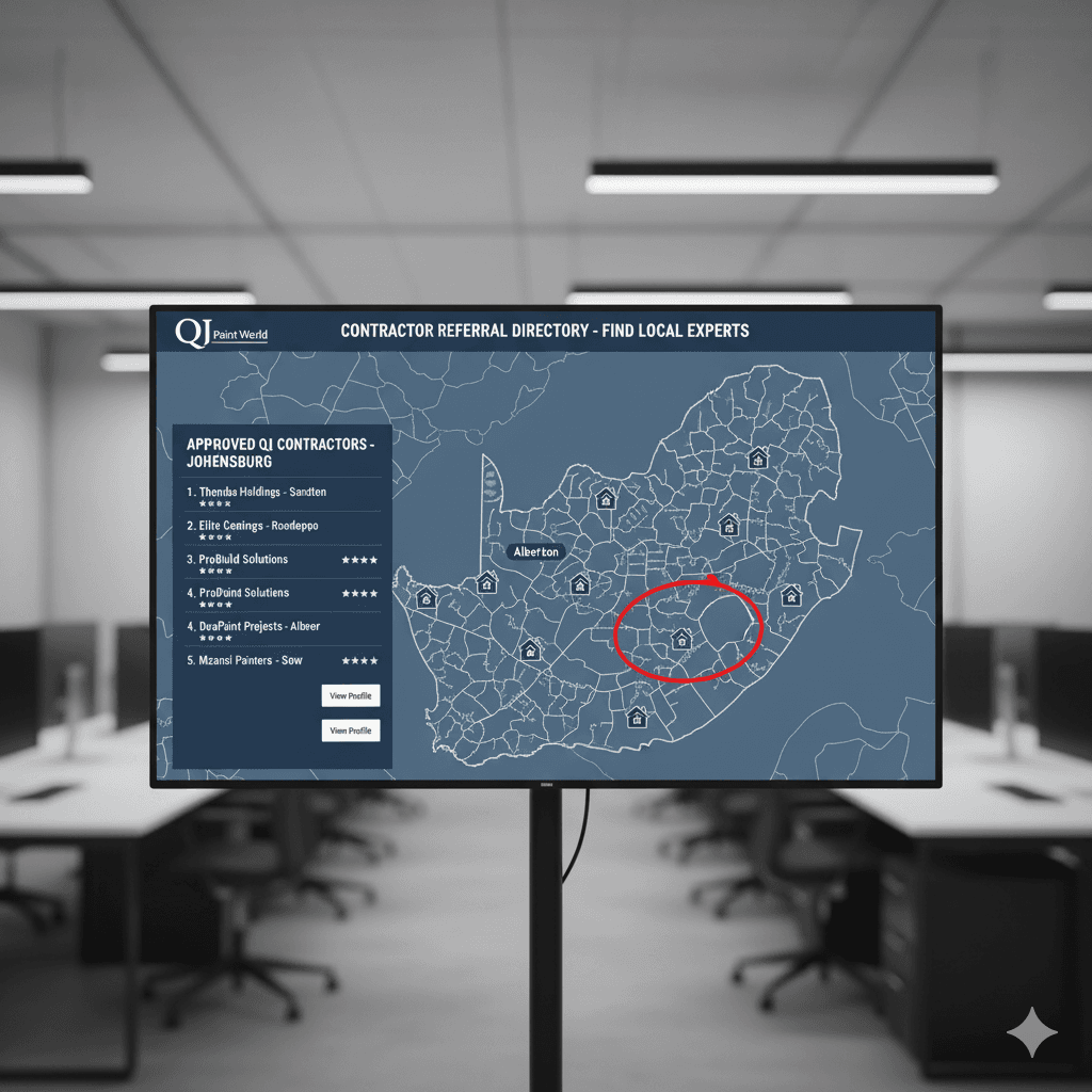 Mockup of a map showing QJ-Approved Contractors listed near Johannesburg